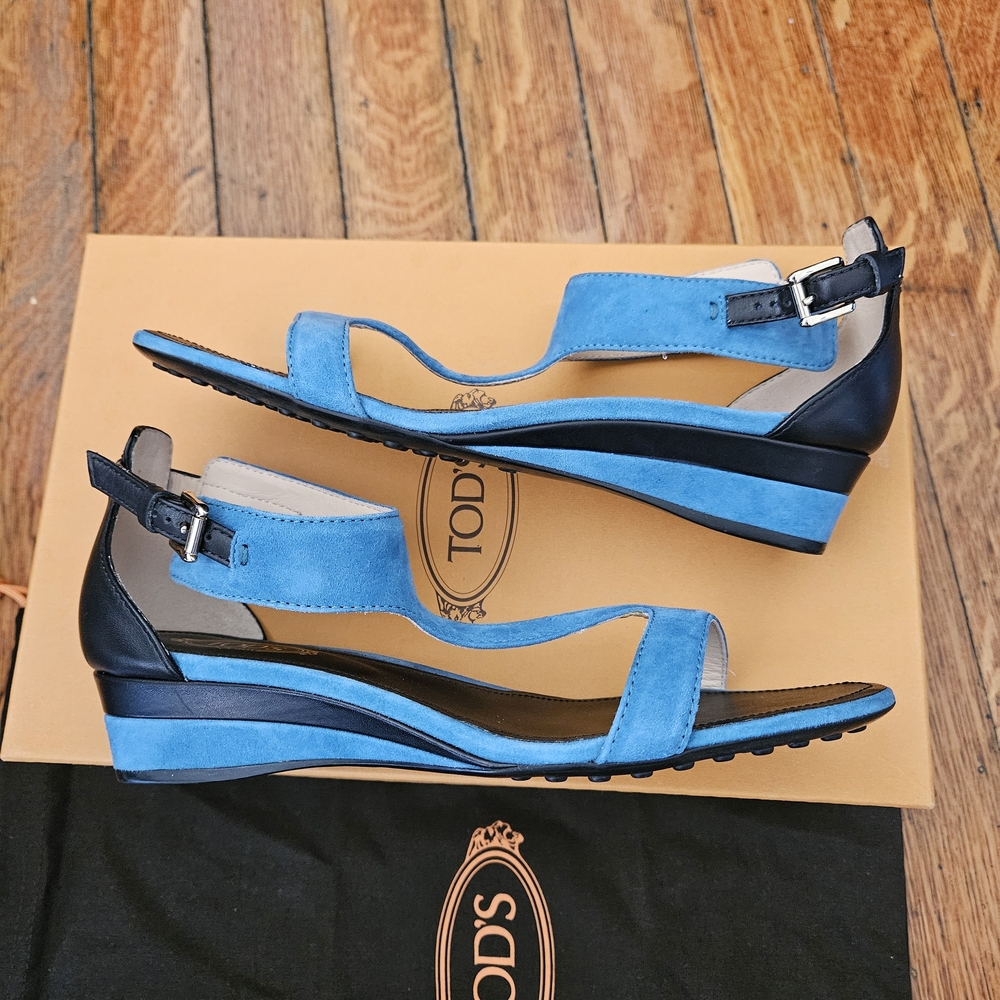 Tod’s Blue Suede T-Strap Wedge Sandals 36.5 NIB Italy Quiet Luxury Minimalist